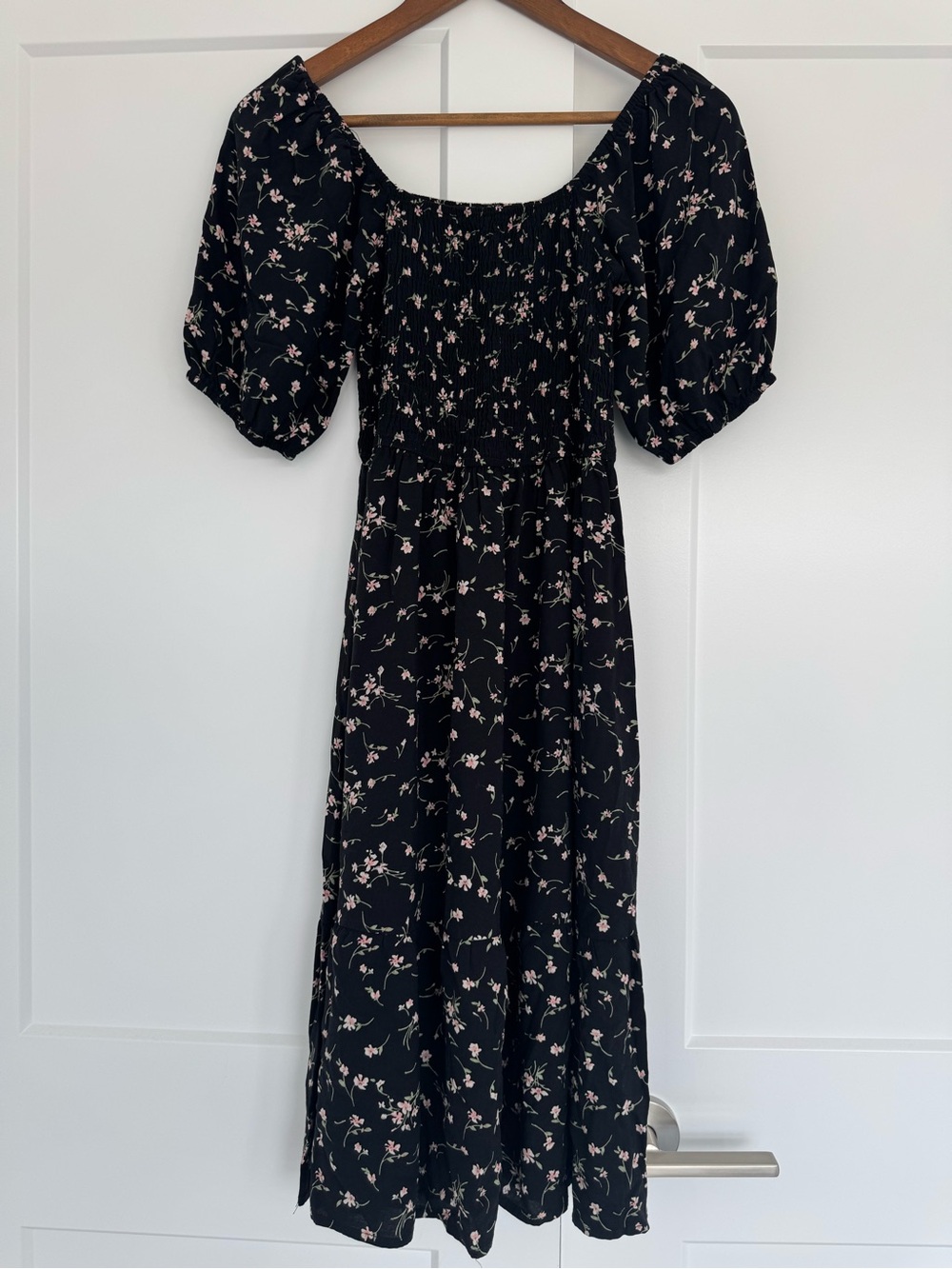 Suzy Shier Black Midi Dress with Pink Floral Print